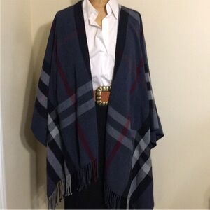 Mer Sea Blue Plaid Poncho Cape OS